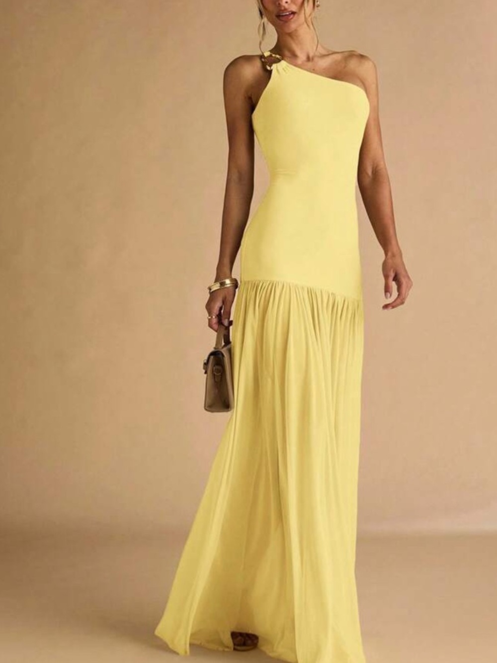 One Shoulder Lemon Yellow Maxi Dress - Picture 3 of 7
